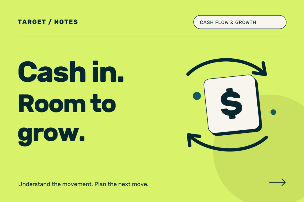 Cash in. Room to grow. A cream currency tile surrounded by an open circular flow on lime.