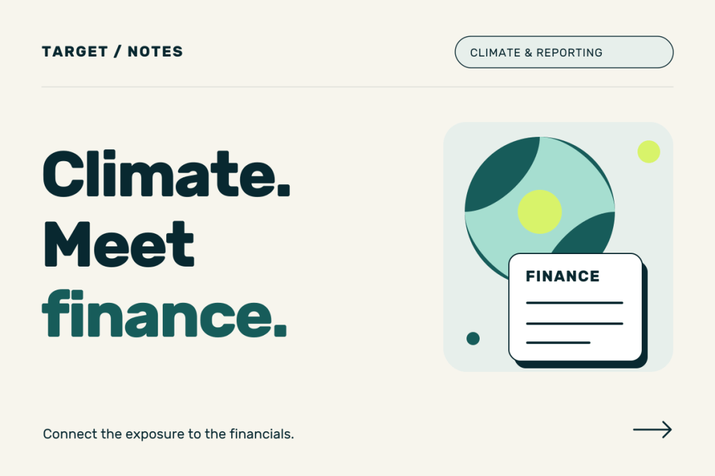 Climate. Meet finance. Overlapping teal fields connect with a simple financial record on warm cream.