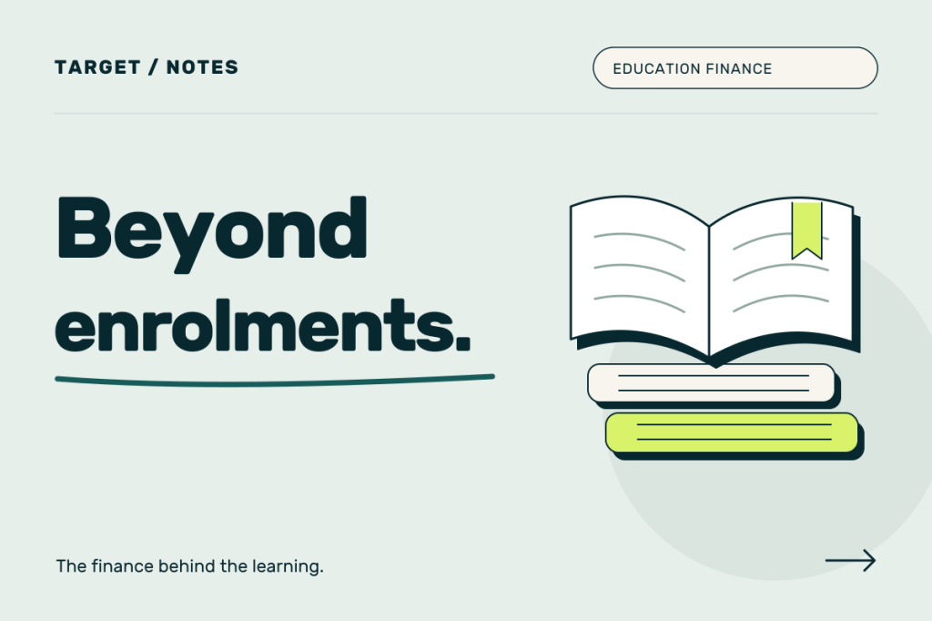 Beyond enrolments. An open book and a lime bookmark sit above stacked volumes on soft sage.