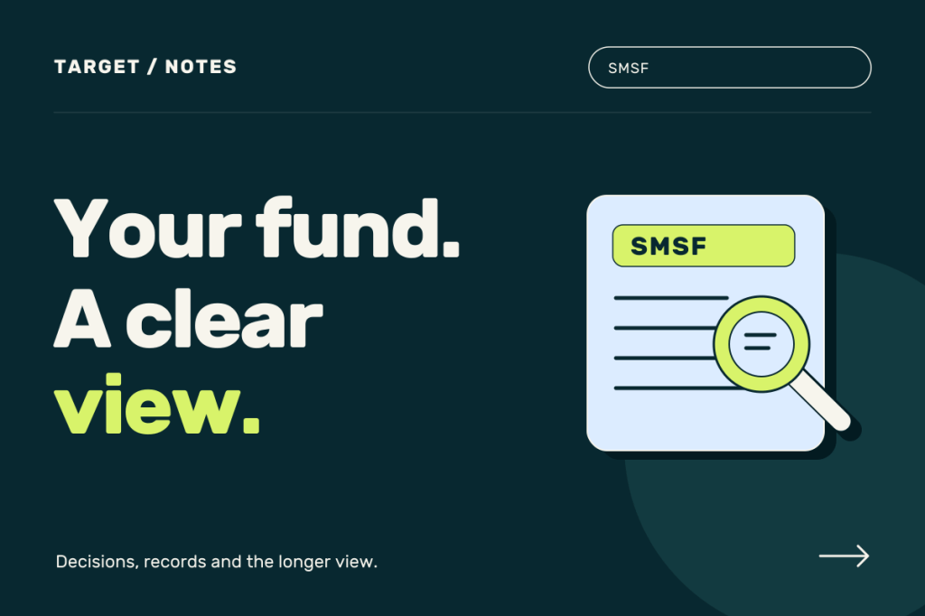 Your fund. A clear view. Ordered SMSF papers and a magnifying lens in cream, lime and blue on deep navy.