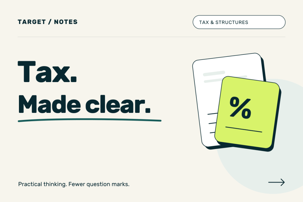 Tax. Made clear. Navy typography with layered cream and lime tax notes.